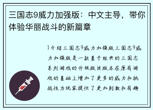 三国志9威力加强版：中文主导，带你体验华丽战斗的新篇章